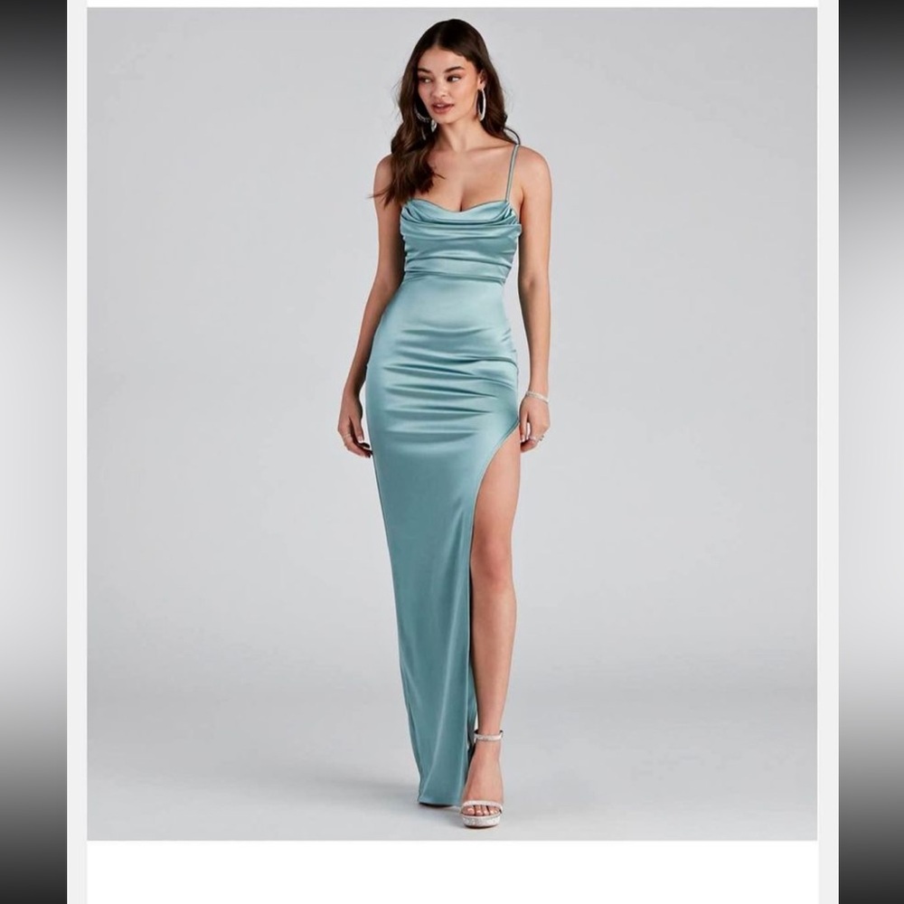 Satin slit dress the color is ivory/sage green btw